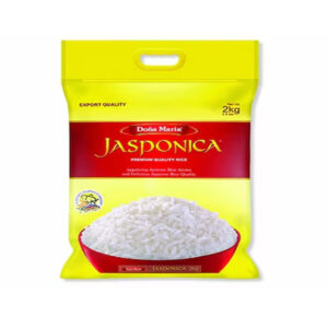 A bright yellow 2kg bag of Doña-Maria Jasponica Rice featuring a red bowl of cooked white rice.