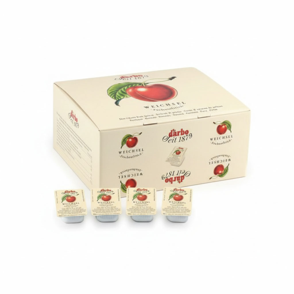 DARBO- Sour Cherry Jam Mini Portions Bulk box of Darbo Sour Cherry jam mini portions for hotel breakfast service.