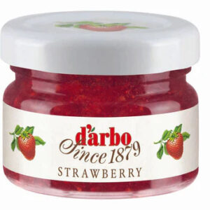 A single 28g mini glass jar of Darbo Strawberry Jam jar for hospitality use.