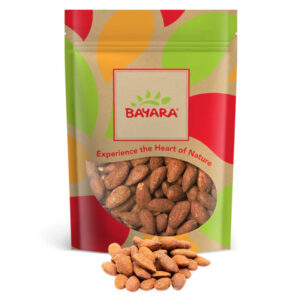 A 250g resealable bag of Bayara Almonds Bbq Jumbo showing large roasted brown almonds through a clear window.