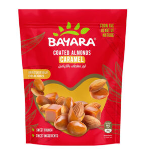 A 150g red resealable bag of Bayara Caramel Coated Almonds showing glossy glazed nuts through a heart-shaped window.