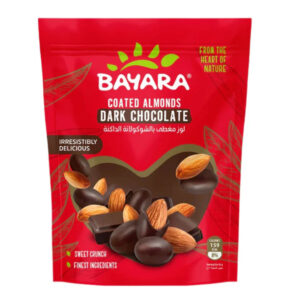 A 150g red resealable bag of Bayara Coated Almonds Dark Chocolate showing dark chocolate nuts through a heart-shaped window.