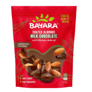 A 150g resealable red pouch of Bayara Milk Chocolate Coated Almonds showing whole almonds and chocolate squares.