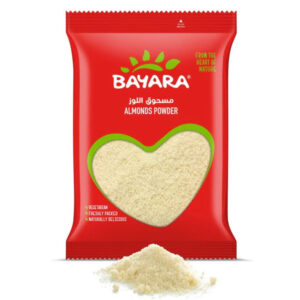 A 200g red bag of Bayara Almonds Powder with a heart-shaped window showing finely ground almond flour.