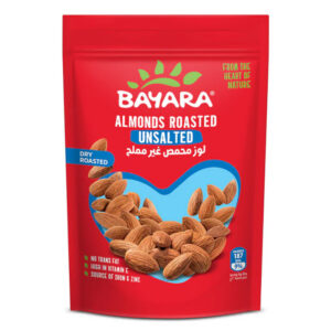 A 150g red resealable bag of Bayara Almonds Roasted Unsalted showing whole toasted almonds through a heart-shaped window.