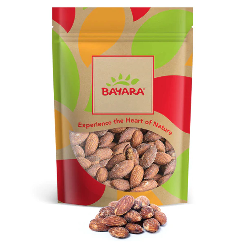 Almonds Salted Jumbo 250g A 250g leafy-design resealable bag of Bayara Salted Jumbo Almonds showing golden roasted nuts through a clear window.