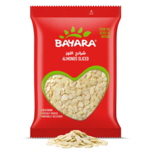 A 200g red bag of Bayara Almonds Sliced showing thin white almond slices through a heart-shaped window.