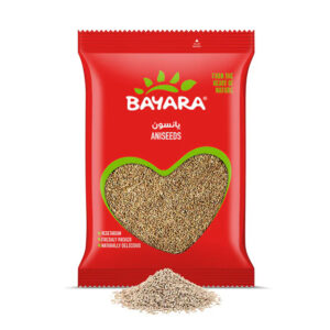 A 200g red pouch of Bayara Aniseeds showing small, brownish-green seeds through a heart-shaped window.