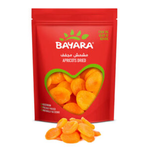 A red 200g resealable bag of Bayara Dried Apricots with a heart-shaped window showing bright orange dried fruits.