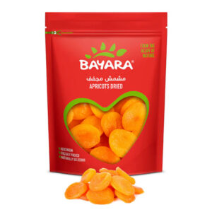 A red 400g resealable bag of Bayara Dried Apricots with a heart-shaped window showing bright orange dried apricots.
