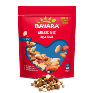 A 150g red resealable pack of Bayara Arabic Mix showing a variety of roasted nuts and seeds through a heart-shaped window.