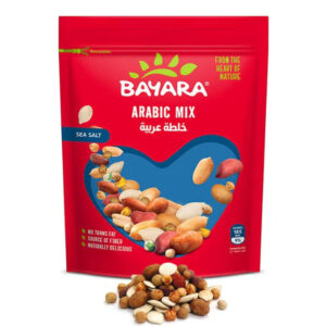 A 300g red resealable bag of Bayara Arabic Mix with Sea Salt showing a savory blend through a heart-shaped window.