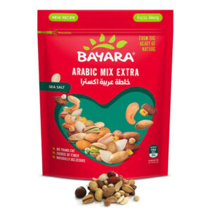 A 300g red resealable pouch of Bayara Arabic Mix Extra showing a variety of roasted nuts through a heart-shaped window.