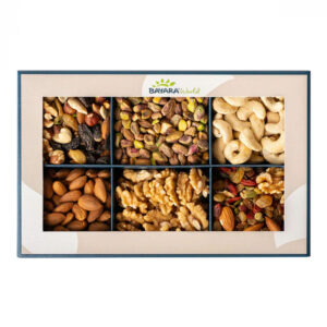 A 600g premium gift box from Bayara World-Assorted Dried-Fruits & Nuts showing six compartments of assorted nuts and dried fruits through a clear window.