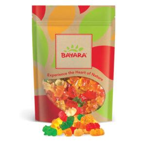 A 250g resealable bag of Bayara Baby Bear Jellies showing colorful gummy bears through a clear window.