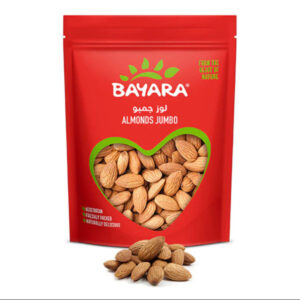 A red 200g pouch of Bayara Almonds Jumbo with a heart-shaped window showing large whole almonds.