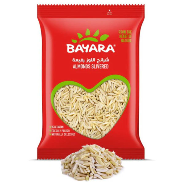 Bayara Almonds Slivered 200g A red 200g pouch of Bayara Almonds Slivered with a heart-shaped window showing skinless almond pieces.