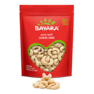 A red 200g pouch of Bayara Cashews Jumbo with a heart-shaped window showing large whole cashews.