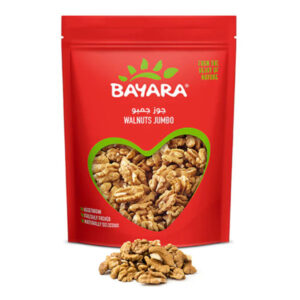 A red 200g pouch of Bayara Walnuts Jumbo with a heart-shaped window showing large whole walnut halves.