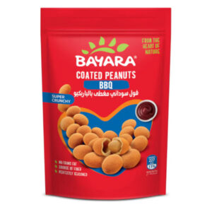 A red 125g bag of Bayara BBQ Coated Peanuts showing crunchy orange-coated peanuts and a bowl of BBQ sauce.