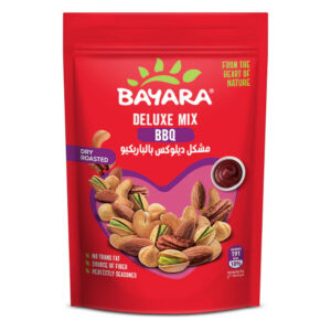 A red 150g resealable bag of Bayara BBQ Deluxe Mix showing a variety of roasted nuts and a bowl of BBQ sauce.