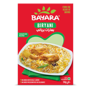 A 50g red box of Bayara Biryani Masala featuring a bowl of flavorful rice with chicken and potatoes.