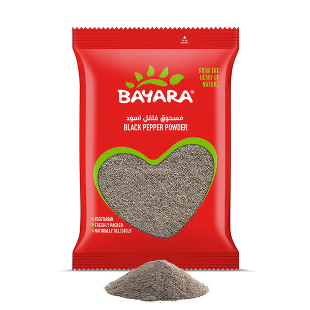 Black Pepper Powder 200g A 200g red pouch of Bayara Black Pepper Powder showing fine grey-black ground pepper through a heart-shaped window.