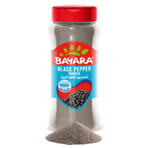 A clear 330ml shaker bottle of Bayara Black Pepper Powder with a red lid and a blue label showing black peppercorns.