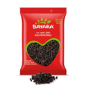 A 200g red bag of Bayara Black Pepper Whole with a heart-shaped window showing dark, premium whole peppercorns.