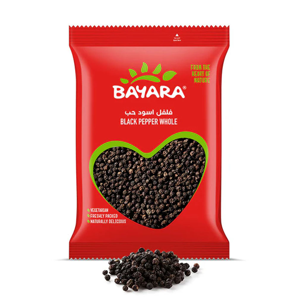 Black Pepper Whole 200g A 200g red bag of Bayara Black Pepper Whole with a heart-shaped window showing dark, premium whole peppercorns.