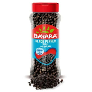 A 170g shaker bottle of Bayara Black Pepper Whole showing dark whole peppercorns and a blue label with a "Peppery & Warm" stamp.