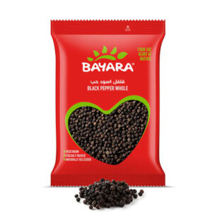 A 500g red pouch of Bayara Black Pepper Whole showing dark, round peppercorns through a heart-shaped window.