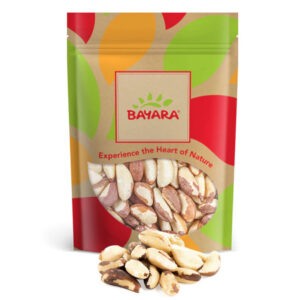 A 250g leafy-design bag of Bayara Brazil Nuts showing large, fresh whole nuts through a clear window.