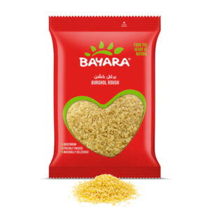 A 400g red pouch of Bayara Burghol Rough showing golden cracked wheat through a heart-shaped window.