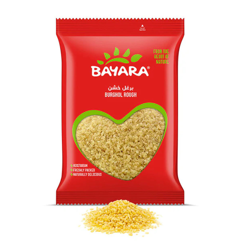 Burghol Rough 400g A 400g red pouch of Bayara Burghol Rough showing golden cracked wheat through a heart-shaped window.