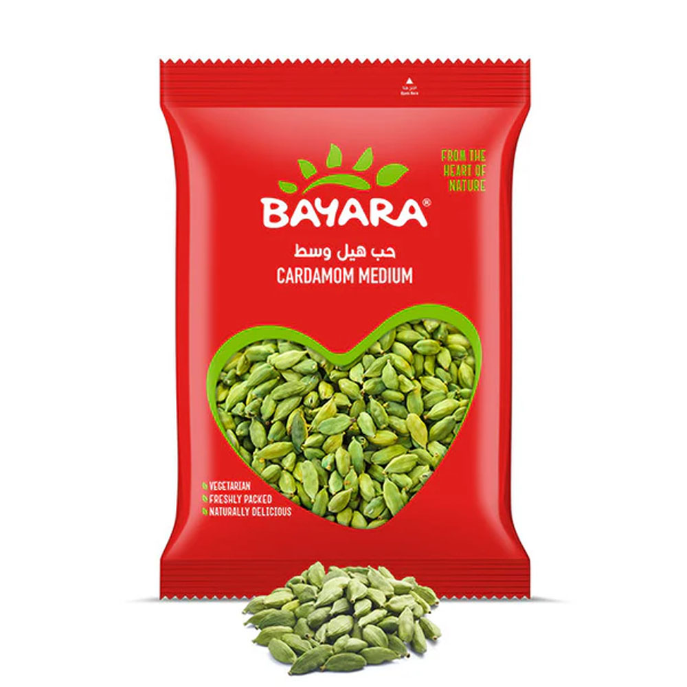 Cardamom Medium 100g A 100g red bag of Bayara Cardamom Medium featuring a heart-shaped window showing premium green cardamom pods.