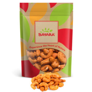 A 250g leafy-design bag of Bayara Cashews Chili Jumbo showing large spice-coated cashews through a clear window.