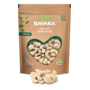 A 200g resealable brown pouch of Bayara Cashews Organic showing whole raw cashews through a heart-shaped window.
