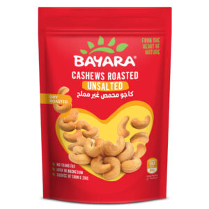 A 150g red pouch of Bayara Roasted Unsalted Cashews with a heart-shaped window showing golden dry-roasted nuts.