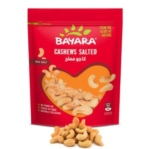 A red 300g resealable bag of Bayara Cashews Salted with a heart-shaped window showing large, roasted cashews.