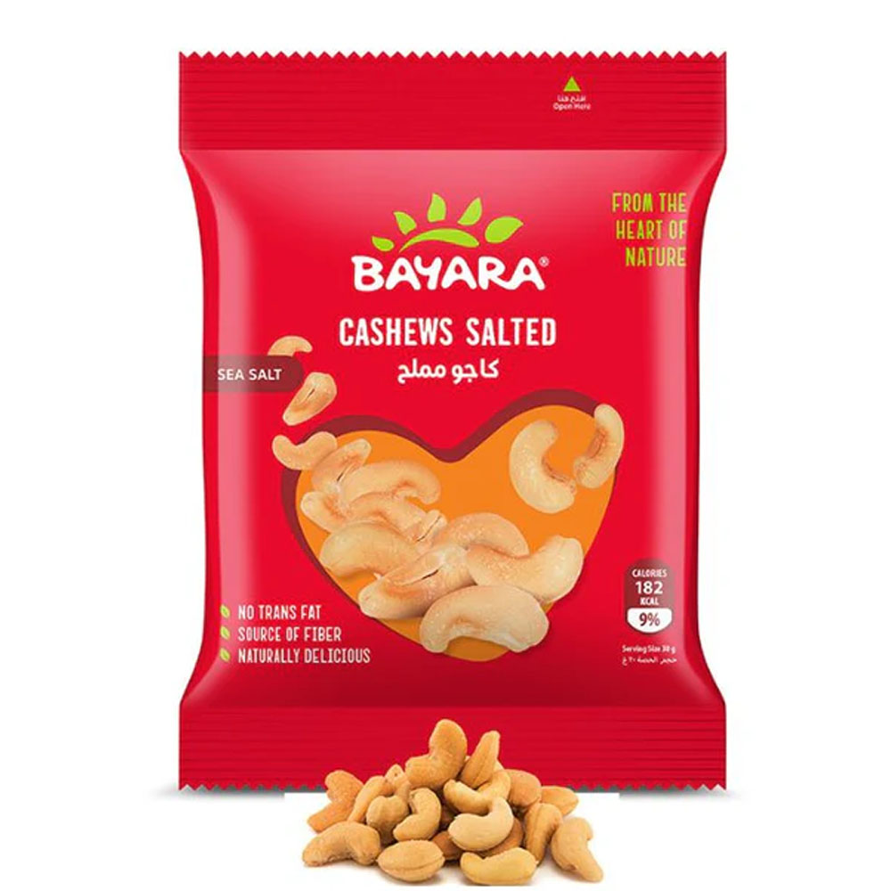 Cashews Salted 30g A 30g red pouch of Bayara Cashews Salted showing whole roasted nuts and "Sea Salt" highlights.