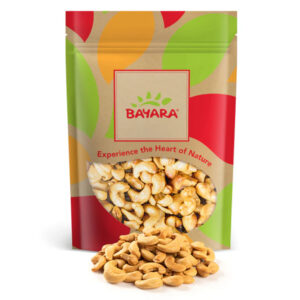 A 250g resealable bag of Bayara Cashews Smoked Jumbo showing large golden roasted cashews through a clear window.