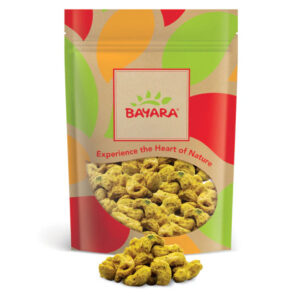 A 250g resealable bag of Bayara Cashews With Curry Leaves showing golden roasted cashews through a clear window.