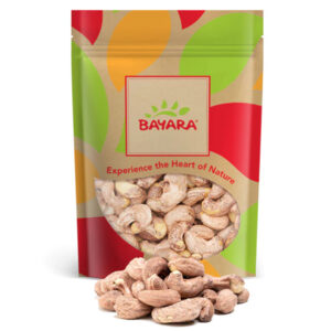 A 250g bag of Bayara Cashews With Skin Salted featuring a colorful leaf design and a window showing rustic roasted cashews.