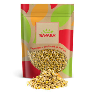 A 100g leafy-design resealable bag of Bayara Chamomile showing dried yellow flowers through a clear window.