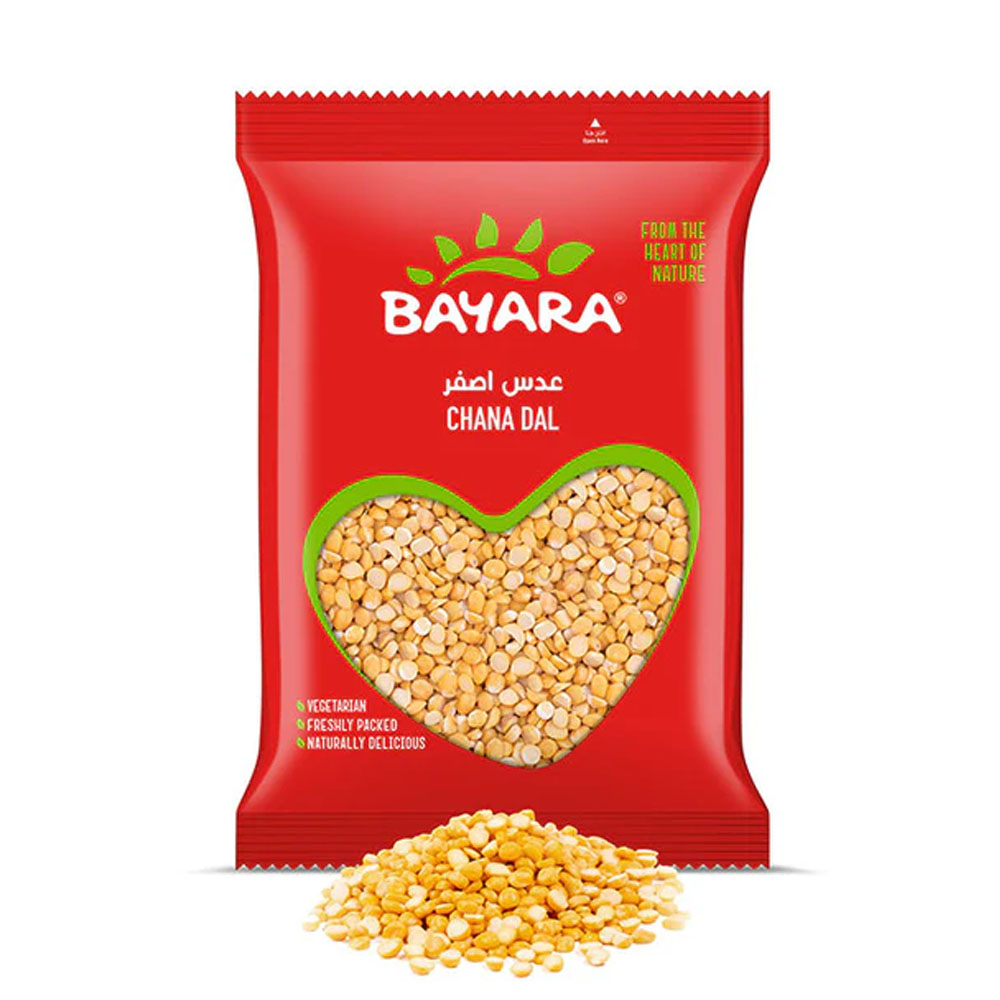 Chana Dal 1Kg A 1kg red bag of Bayara Chana Dal with a heart-shaped window showing bright yellow split chickpeas.