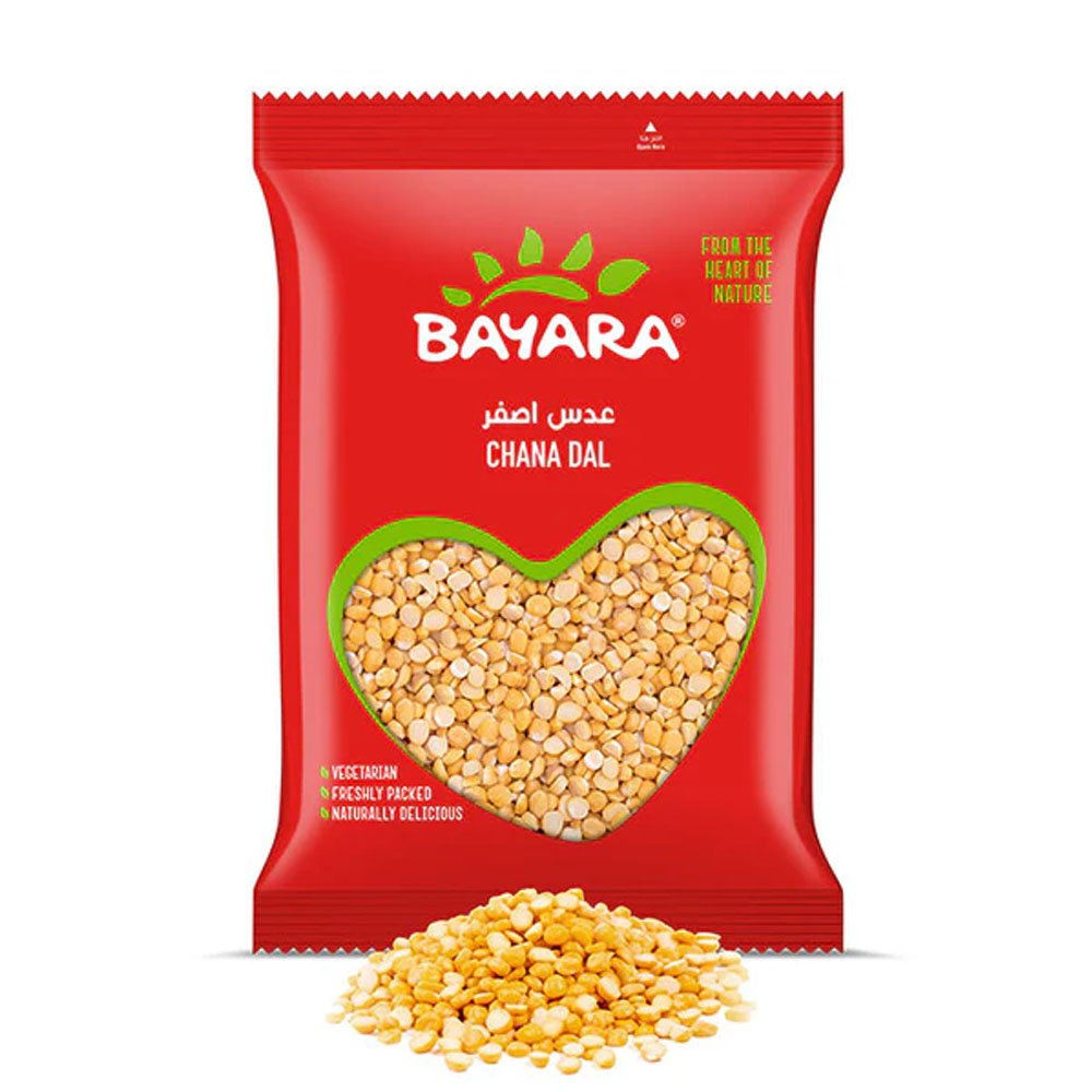Chana Dal 400g A 400g red bag of Bayara Chana Dal showing golden split chickpeas through a heart-shaped window