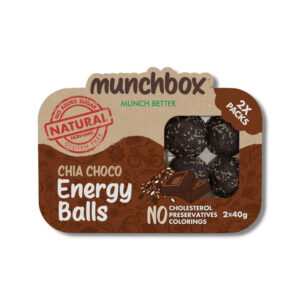 A brown and tan package of Munchbox Chia Choco Energy Balls showing four dark round balls through a window with a "Natural" stamp.