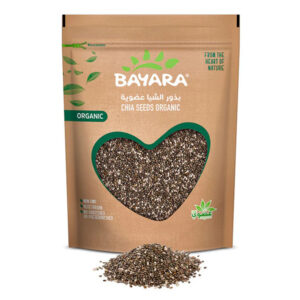 A brown 300g resealable pouch of Bayara Organic Chia Seeds with a heart-shaped window showing dark, speckled seeds.