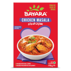 A 150g red box of Bayara Chicken Masala featuring a heart-shaped design and a bowl of delicious chicken curry.